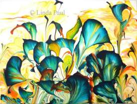 Wild at Heart, Abstract Flower original painting in Turquoise and Golf by Linda Paul