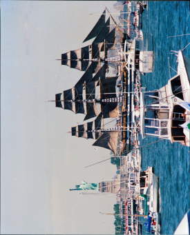 Tall Ship in Review of Statue of Liberty 