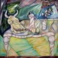 Cubist Rope Still Life Bull Skull, Fruit Pitcher and Flower Base. oil on canvas 41’’x 50’’
