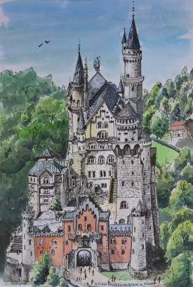 Neuschwanstein - Castle, watercolour and ink, 30 x 20 cm