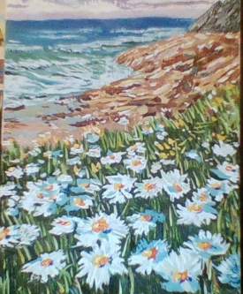 painting of daisies at the coastline