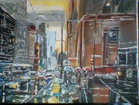 painting of a rainy night in the city