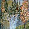 painting of a waterfall and trees