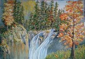 painting of a waterfall and trees