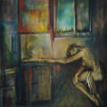 painter woman sleeping tired..painting