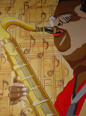 JAZZ ART -SAXMAN WITH BACKGROUND NOTES