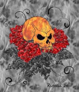 Flaming skulls and roses