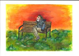 Woman on a bench at sunset - illustration